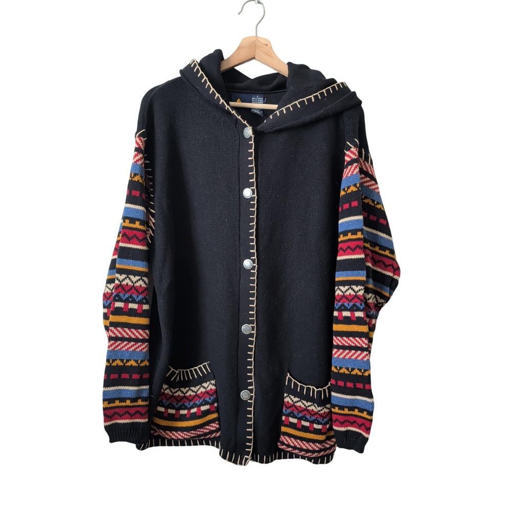 Vintage LizSport Black Hooded Cardigan Fair Isle Sweater S Southwest Ranch Cabin